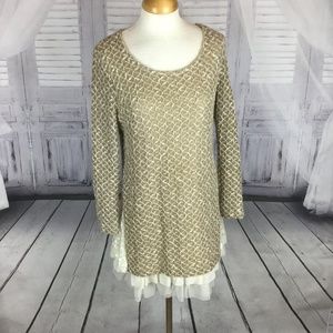 Boho Chic Tan & White Long Sleeve Tunic Dress M